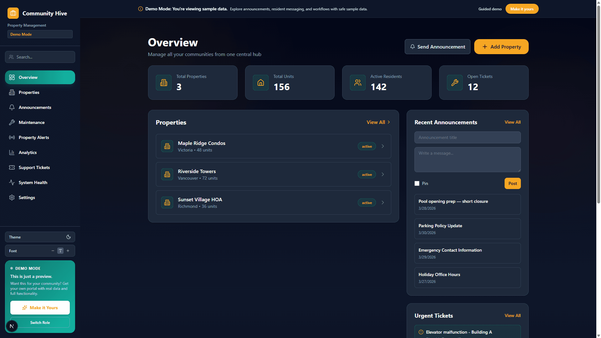 Property manager dashboard with building overview, properties, announcements, and open tickets