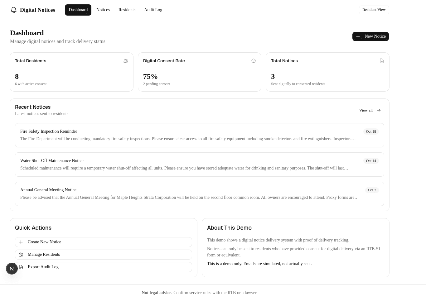 Digital Notices manager dashboard showing total residents, consent rate, and recent notices