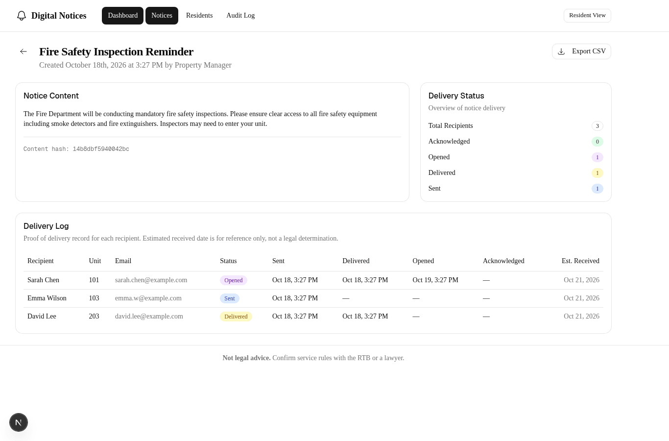 Notice delivery log showing recipient status for sent, delivered, opened, and acknowledged states