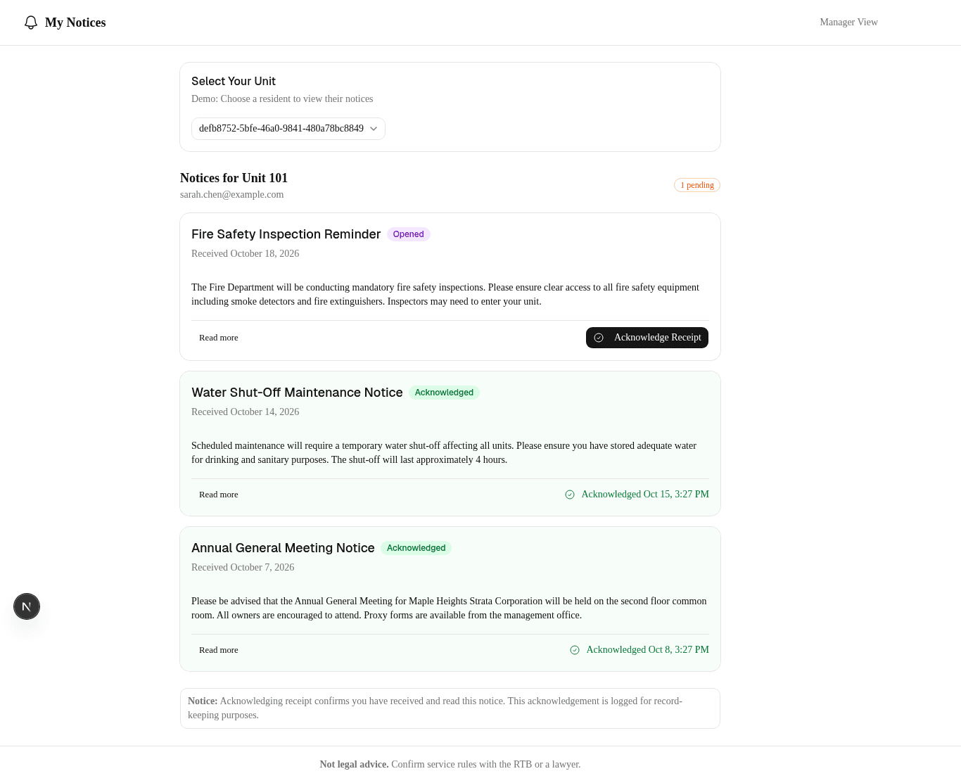Resident portal showing received notices with acknowledge option